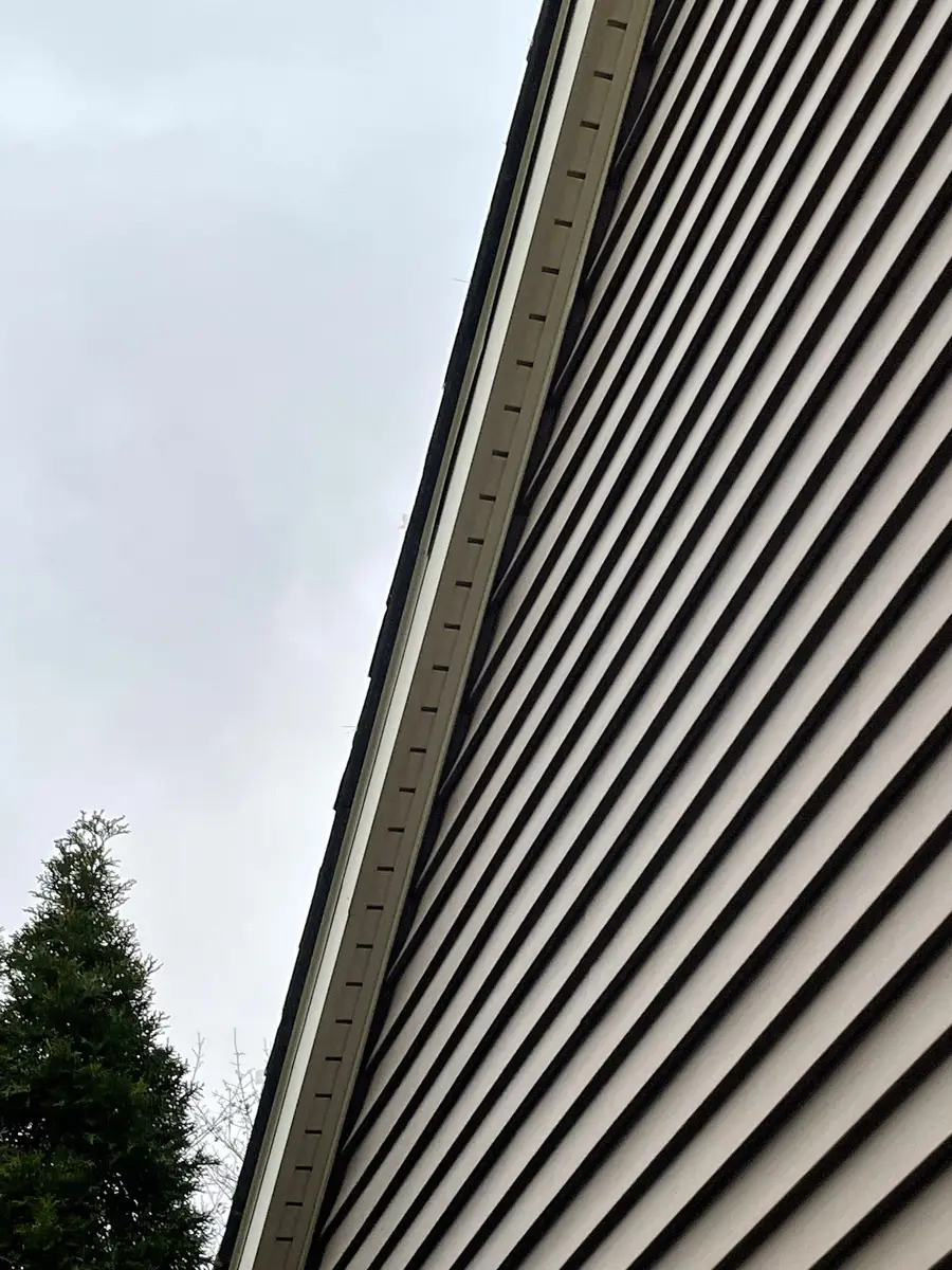 Tall gable wall of tan vinyl siding seen from below against a gray sky
